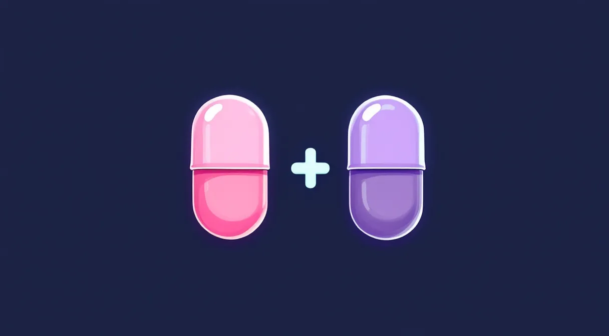 A soft pastel emblem of two rounded peptide capsules — a pink BPC-157 ribbon and a lavender TB-500 loop joined by a mint plus-sign — glowing on a deep indigo-violet plate